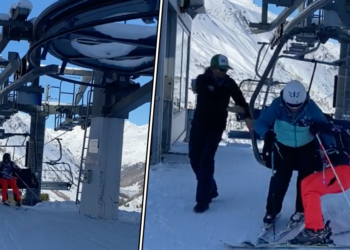 Herkenbaar: dit stel heeft alle moeite met het verlaten van de skilift