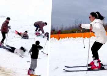 PIJNLIJK: De beenveeg op ski’s ziet er niet écht prettig uit (video)