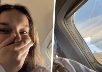 Schokkende beelden: Meisje zit bij kapot raam in vliegtuig en straalt doodsangsten uit