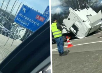 VIDEO: Vrachtwagencabine valt van oplegger en zorgt voor chaos in Zwolle