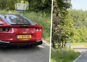 VIDEO: Fietser ontkomt ternauwernood aan aanrijding met optrekkende Ferrari 812 Superfast