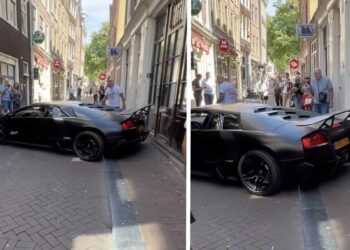 VIDEO: Nieuwe attractie in Amsterdam: Lamborghini wil keren in een (te) smalle straat