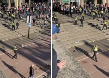 VIDEO: Ajax-supporter schiet agent vol in het gezicht met een wedstrijdbal