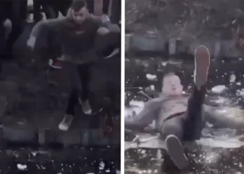 VIDEO: Jongen gaat viraal nadat hij over het ijs probeert te rennen tijdens schoolpauze