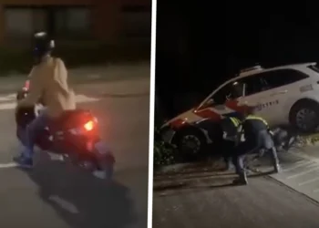 VIDEO: Politie grijpt keihard in tegen vluchtende scootergappie: Auto landt op scooter